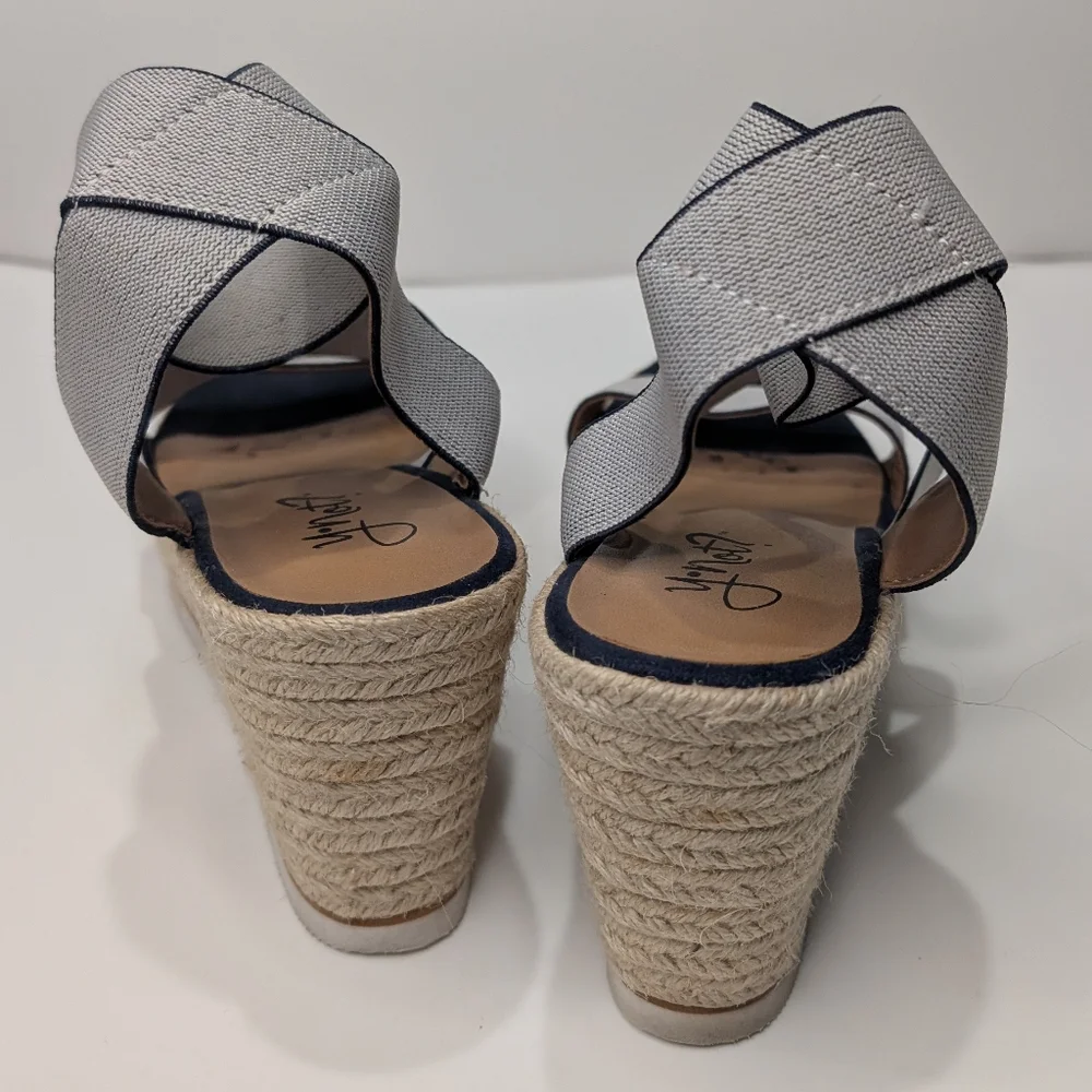 Dexflex Comfort Espadrille Wedge Sandals Size 10 Gray Navy